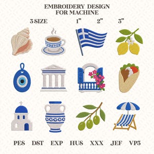 Puede incluir: Una hoja de diseño de bordado con motivos de temática griega. Los diseños incluyen una concha, una taza de café, la bandera griega, limones, un ojo turco, un templo, un balcón con flores, un gyro, una iglesia, un jarrón, aceitunas y una tumbona.