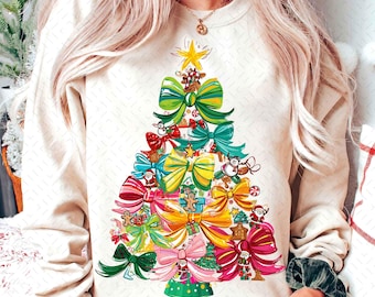 Preppy Coquette Christmas Tree Bow PNG, Colorful Holiday Png, Holly Jolly Png, Pink Christmas PNG, Merry Christmas PNG,Cute Merry And Bright