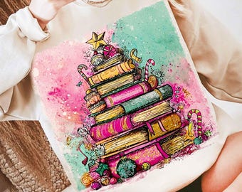 Preppy Christmas Tree Book Png, Girly Christmas Books Png, Book Lovers Png, Christmas Teacher Png, Librarian Gift Png,Gift For Teachers Png