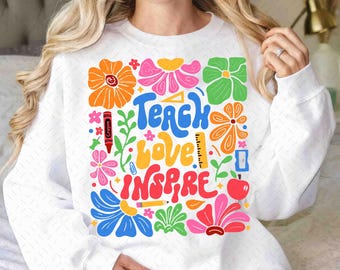 Teach Love Inspire Png, Boho Floral Teacher Png, Teacher Png, Retro Teacher Png, Teacher Gift Png, Teacher Sublimation, Back to School