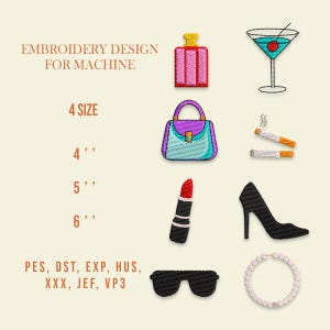 Manhattan Muse Mini Embroidery Design Set of 8 – Martini, Cigarette, Heel, Purse, Perfume, Pearls, Sunglasses, Lipstick, NYC Classy Chic