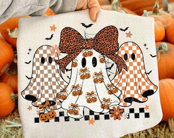Trendy Leopard Pumpkin Ghost PNG, Halloween Girly Ghost Sublimation, Retro Checkered Ghosts PNG, Cute Spooky Fall Shirt Design