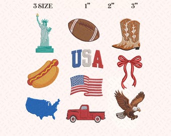 USA Mini Embroidery Machine Embroidery Design Bundle, USA Stylist Teddy Bear Embroidery Design, 10 Mini Icons America Designs