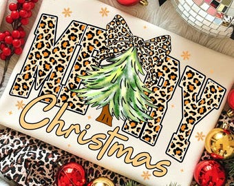 Retro fröhlicher Weihnachtsbaum Png, kokett Leopard Weihnachten Png, Faux Glitter Png, Tis Die Jahreszeit Png, Girly, Feiertag Png, Girly, beunruhigt