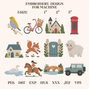 May include: A digital embroidery design set for machines featuring twelve icons: a yellow bird, bicycle, church, red phone booth, house, fox, garden gate, lamb, swan, horse with rider, stone bridge, and a truck. Text includes 1", 2", 3" sizes.