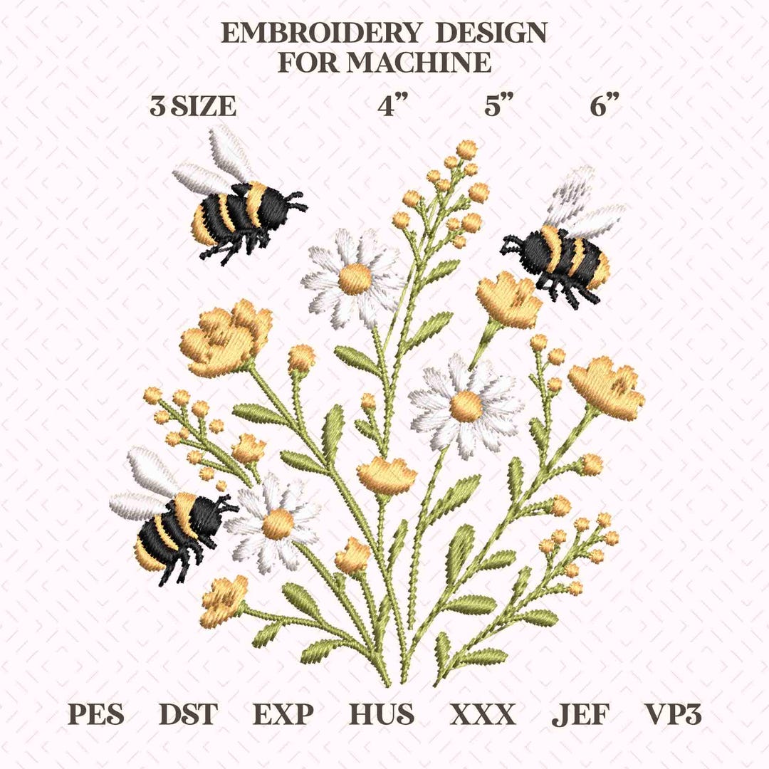 Daisy Honeybee Embroidery Design | Cute Bee and Flower Pattern | Spring ...