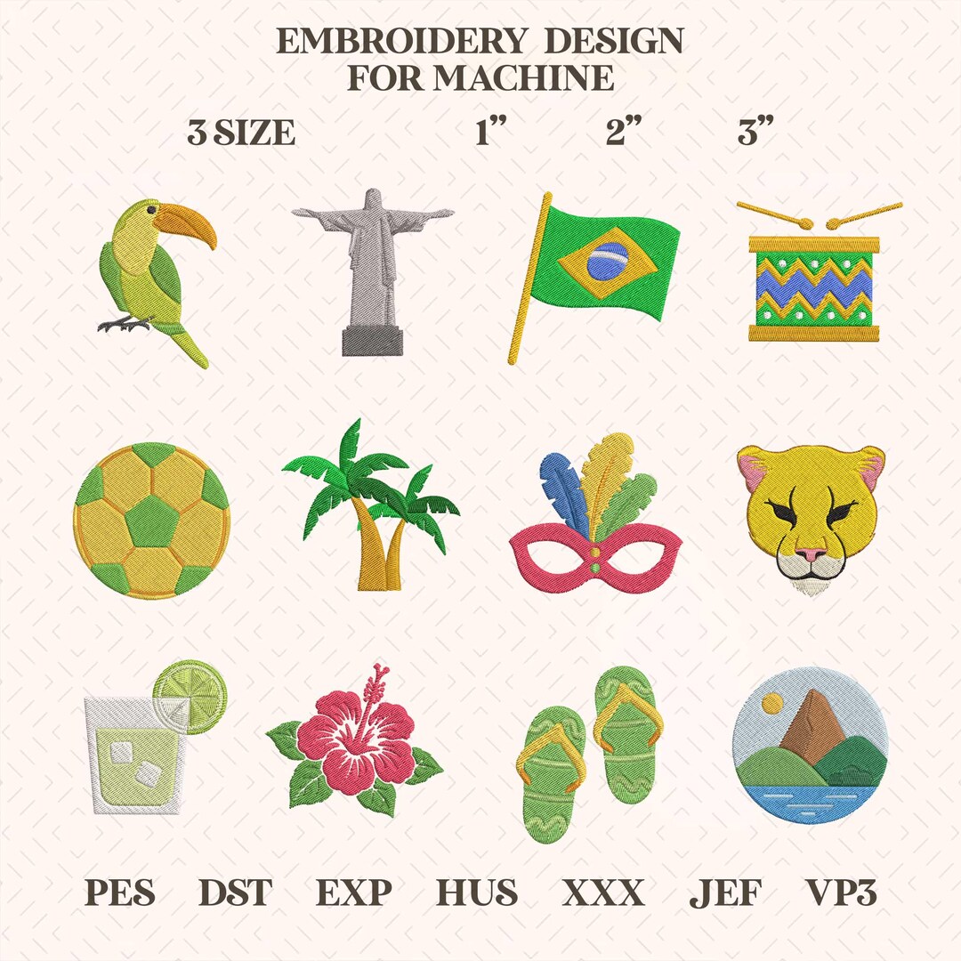 Brazil Embroidery Bundle, Tropical Rio Mini Icons Set, Carnival ...