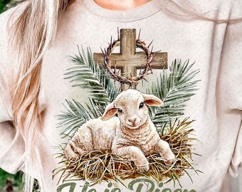 Verdadera Pascua PNG, Él ha resucitado, cordero, corona de espinas, cruz, palma, Jesucristo, versículos bíblicos religiosos cristianos, sublimación digital, camiseta dibujada