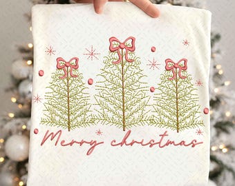Coquette Merry Christmas Embroidery Design, Christmas Tree Embroidery, 3 Sizes, Instant Download