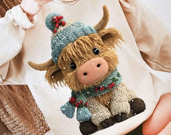 Crochet Yarn Highland Cow Christmas Png, Autumn Cow Blowing Bubble Gum Png, Howdy Christmas Png, Christmas Crochet Png, Western Girly Xmas