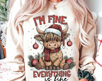 I'm Fine Everything is Fine Christmas PNG: Funny Highland Cow Holiday Lights with Santa Hat Sublimation Design