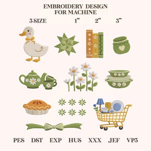 May include: Embroidery design for machine featuring various motifs: a duck, star, books, jar, teapot, daisies, bowls, pie, flowers, ribbon, and a shopping cart. Sizes are 1", 2", and 3".
