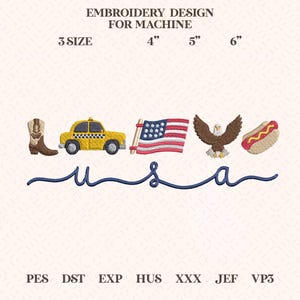 Può includere: Disegno da ricamo per macchina con uno stivale da cowboy marrone, un taxi giallo, la bandiera americana, un'aquila calva e un hot dog. Sotto le icone è presente il testo "u s a" in corsivo. Disponibile nelle misure 10,16, 12,7 e 15,24 cm.