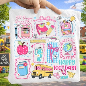 May include: A white square fabric with colorful illustrations celebrating the 100th day of school. The design includes a yellow school bus, an apple, a backpack, and the text "100 Days Smarter!" and "Happy 100th Day!"