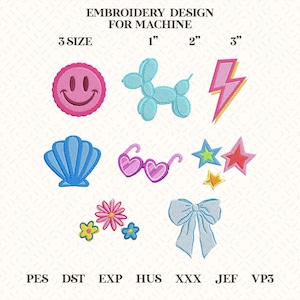 May include: Embroidery designs for machine use, featuring a variety of colorful patches. Designs include a smiley face, balloon dog, lightning bolt, seashell, heart-shaped sunglasses, stars, flowers, and a bow. Sizes range from 1 to 3 inches.