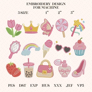 Puede incluir: Una colección digital de diseños de bordado para máquinas, con quince iconos que incluyen tulipanes, corona, mariposa, piruleta, varita mágica, espejo, arcoíris, helado, gafas de corazón, cupcake, fresas, té boba, bolso, perfume y zapato de tacón.