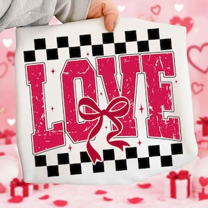Love Valentines-png, ontwerp met retro geruite strik (digitale download)