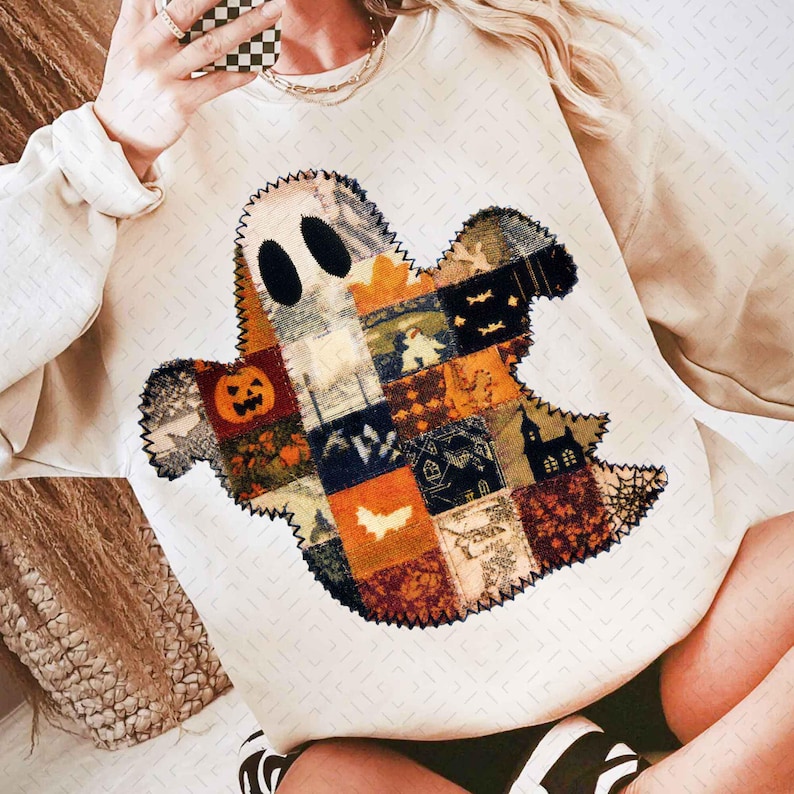 Patchwork Ghost Pattern Patchwork Ghost PNG, Halloween Vintage Quilt Ghost Sublimation, Cozy ...