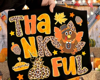 Thankful Doodle PNG, Preppy Leopard Pumpkins Autumn PNG, Preppy Thanksgiving PNG, Turkey Png, Faux Glitter, Coquette Png, Fall Pumpkin Png