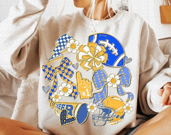 Cheer Coquette Png, Blue Gold Cheer Mom Shirt Design, Cheerleading Png, Preppy Cheerleader Coquette Bow Png, Cheer Season Png