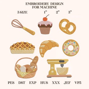 Puede incluir: Diseño de bordado para máquina con productos de panadería y utensilios de cocina. Incluye una magdalena, un pretzel, una tarta, un cruasán, una rosquilla, una cesta de pan y una batidora. Tamaños: 2.5cm, 5cm y 7.6cm.