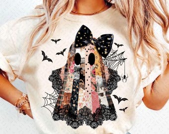 Patchwork spook png, kantspook png, retro halloween png, spookachtig seizoen png, coquette ghost png, herfstcoquette png, preppy herfst png