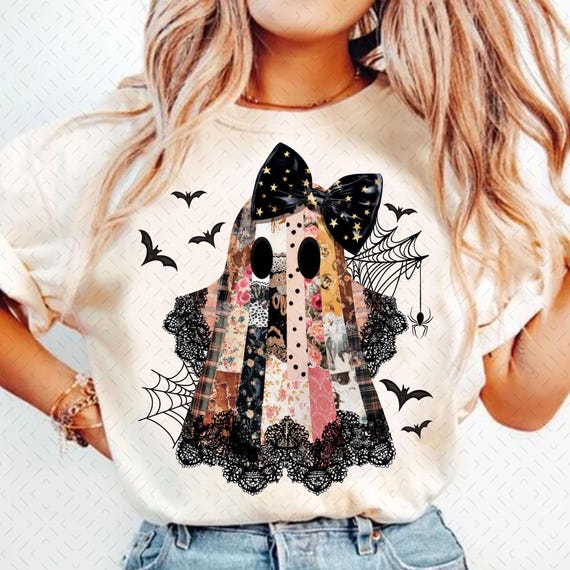 Patchwork Ghost Png, Lace Ghost Png, Retro Halloween Png, Spooky Season Png, Coquette Ghost Png, Fall Coquette Png, Preppy Fall Png