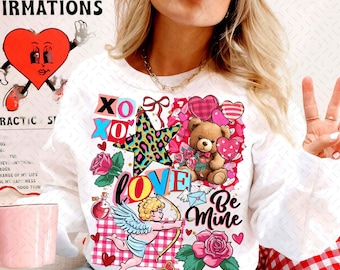 Retro Valentine Collage PNG, Checkered Coquette Valentine Shirt Design, Preppy Floral Leopard Sublimation, XoXo Be Mine Digital Download