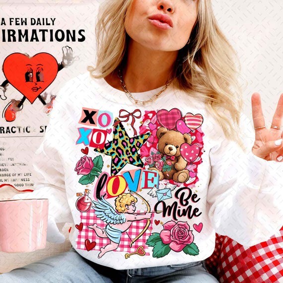 Retro Valentine Collage PNG, Checkered Coquette Valentine Shirt Design, Preppy Floral Leopard Sublimation, XoXo Be Mine Digital Download