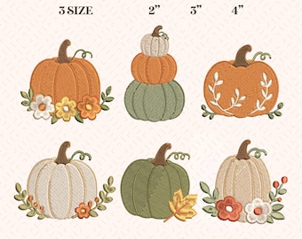 May include: Embroidery design for machine featuring six pumpkin illustrations in orange, green, and cream. Includes text: EMBROIDERY DESIGN FOR MACHINE, 3 SIZE, 2", 3", 4", PES, DST, EXP, HUS, XXX, JEF, VP3. Pumpkins are decorated with flowers, leaves, and vines.