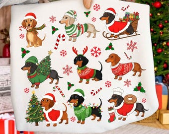面白いクリスマスのダックスフント犬PNG、かわいいホリデー子犬クリップアート、メリークリスマスペット愛好家デザイン、お祝いのソーセージ犬昇華PNG