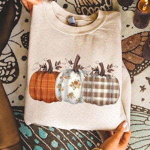 May include: Cream-colored sweatshirt featuring three decorative pumpkins. The pumpkins have different patterns: orange plaid, floral, and brown plaid. Each pumpkin has a brown stem and green vines with leaves.
