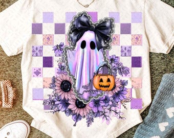 Retro Halloween Lace Ghost Png, Herbst Patchwork gruseliger Geist Png, Trendy Halloween Kokette Png, Girly Neon Geist Sublimation