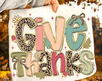 Preppy Give Thanks PNG, Preppy Leopard Pumpkins Autumn PNG, Preppy Thanksgiving PNG, Thankful Png, Faux Glitter, Coquette Png, Fall Pumpkin
