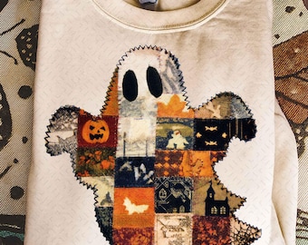Patchwork Ghost PNG, Halloween Vintage Quilt Ghost Sublimation, Cozy Spooky Fall Shirt Design, Retro Halloween Ghost PNG, Trendy Ghost PNG