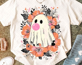Bloemen roze spook Halloween png, schattige spook blazende bel png, spookachtig seizoen png, pastel Halloween-sublimatie, boho-pompoen shirtontwerp