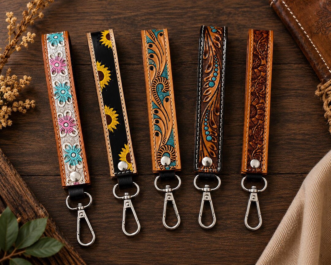 Leather Tooled Keychain Wristlets | Western Wristlet Key Fob | Floral ...