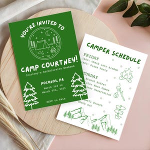 Camp Bachelorette Einladen - Bearbeitbare Canva Vorlage Glamping Wochenend-Reiseplan