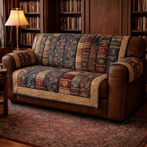 May include: A brown leather sofa with a quilted cover featuring a book design. The cover has a patchwork of navy, red, and tan squares with floral and book-themed patterns. The sofa is in a room with bookshelves and a lamp.