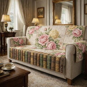 May include: A beige sofa with a floral rose and hydrangea pattern on the back and arms. The front of the sofa features a design of books. The room has a classic, vintage aesthetic with lamps and a mirror.