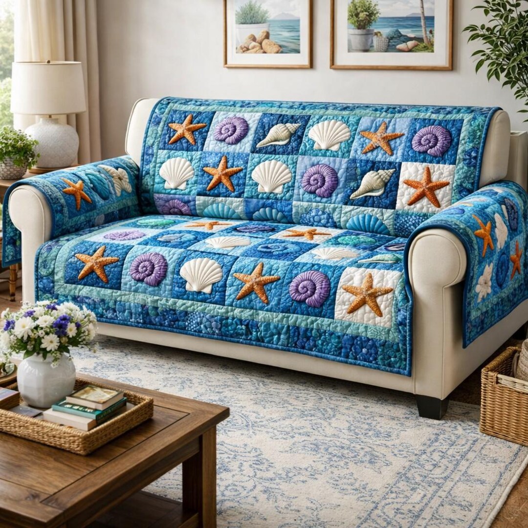 Coastal Seashell Quilt Sofa Cover, Beach Couch Throw, Starfish Ocean ...