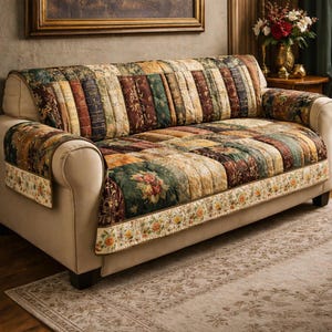 May include: A beige sofa with a patchwork quilt cover featuring floral and book-like patterns in shades of green, brown, and yellow. The sofa has matching arm covers with floral trim. The room has a rug and a painting.