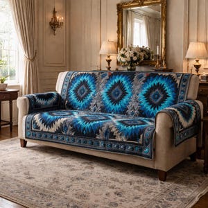 May include: A beige sofa with a blue, gray, and white patterned quilt draped over it. The quilt features a geometric design with diamond-shaped patterns. The sofa is in a well-lit room with a rug and decorative elements.