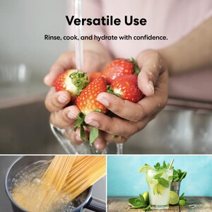 May include: A collage of images showing the versatility of a product. The first image shows hands rinsing strawberries under running water. The second image shows a pot of boiling water with spaghetti noodles being added. The third image shows a glass of a refreshing drink with a lime wedge and mint leaves.
