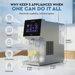 Puede incluir: Aparato de agua plateado con pantalla táctil, que dispensa agua en un vaso con rodajas de limón. El aparato incluye un filtro, una tetera, un refrigerador, un carbonatador y un dispensador. Mide 51 cm de alto, 45,3 cm de largo y 22 cm de ancho.