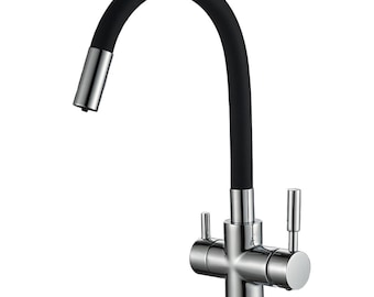 May include: A modern kitchen faucet with a flexible black gooseneck spout and a polished chrome finish. The faucet features two lever handles and a swivel spout for easy use. The design is sleek and contemporary, suitable for any kitchen.