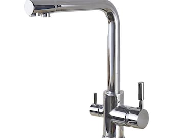 May include: A chrome kitchen faucet with a pull-down sprayer and two additional spouts. The faucet has a modern design and is suitable for a variety of kitchen styles.