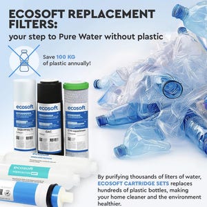 Puede incluir: Imagen de filtros de agua de repuesto Ecosoft con el texto "tu paso hacia el agua pura sin plástico". La imagen muestra varios filtros y una pila de botellas de agua de plástico. El texto también indica que los filtros ahorran 100 KG de plástico al año.