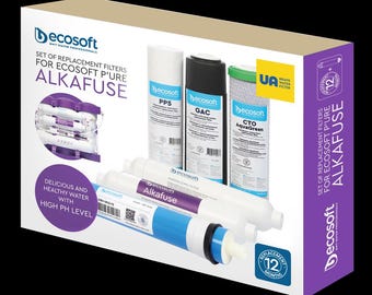 May include: A box set of replacement water filters for the Ecosoft Alkafuse system. The box features the brand name and product information, along with images of the filters. The filters are white, black, and blue. The box also includes the text "Delicious and Healthy Water with High PH Level."