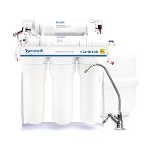 May include: A white reverse osmosis water filtration system with a standard UV filter. The system has four stages and includes a faucet. The system is labeled "STANDARD" and "REVERSE OSMOSIS FILTER".